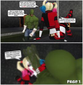 1boy 1girls 3d batman_(series) big_penis blonde_hair censored comic comic_page dc dc_comics devious_desires deviousdesires dialogue female green-skinned_male green_skin harley_quinn harley_quinn_(series) imminent_oral imminent_sex killer_croc light-skinned_female light_skin male mosaic_censoring multicolored_hair muscles muscular muscular_male page_1 pale-skinned_female pale_skin penis pigtails pof3445 speech_bubble straight the_sims the_sims_4 waylon_jones