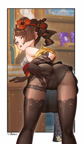 :o anus arm_support artist_name ass ass_focus bent_over black_gloves black_pantyhose black_thighhighs blush border breasts brown_hair cameltoe chiori_(genshin_impact) drill_hair drill_ponytail elbow_gloves feet_out_of_frame female from_behind genshin_impact gloves grey_kimono hair_ornament hair_stick hand_on_own_ass highres jacket japanese_clothes kimono legs_apart looking_at_viewer looking_back obi off_shoulder open_mouth orange_eyes outside_border pantyhose pussy romoromo sash short_hair sideways_glance small_breasts solo thighhighs thighhighs_over_pantyhose white_border yellow_jacket