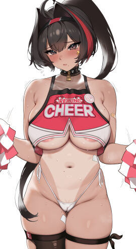 areola_slip bare_shoulders bay_(nikke) black_hair blush breasts cameltoe cheerleader cowboy_shot dark-skinned_female dark_skin female goddess_of_victory:_nikke hair_between_eyes hair_intakes highres houkago_shounen large_breasts long_hair looking_at_viewer midriff mole mole_under_mouth multicolored_hair navel one-piece_tan paid_reward_available panties pointy_chin ponytail pussy red_hair simple_background solo standing steaming_body stomach streaked_hair sweat tan tanlines underboob underwear white_background white_panties