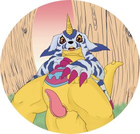 animal_genitalia animal_skin anthro bandai_namco bodily_fluids claws cloaca cloacal_penis cum digimon digimon_(species) gabumon genital_fluids genitals hi_res horn leaking leaking_cum looking_at_viewer male markings p.v.su penis presenting red_eyes scalie seminal_groove solo sulcus sulcus_spermaticus yellow_body