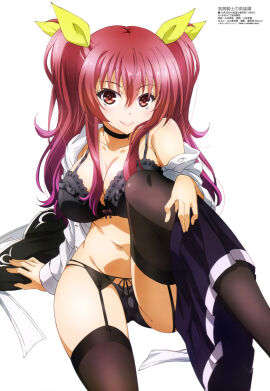 bare_belly bare_shoulders belly_button big_breasts black_bra black_lingerie black_panties black_socks black_thighhighs blush bra breasts choker cleavage collarbone female garter_belt garter_straps lingerie long_hair megami_magazine mouth_closed official_art panties rakudai_kishi_no_cavalry red_eyes red_hair removing_skirt skirt smile socks stella_vermillion thigh_socks thighhighs thighs underwear