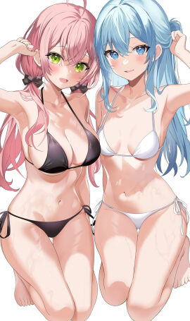 2girls bikini black_bikini black_swimsuit blue_eyes blue_hair breasts female green_eyes hair_ribbon hololive hololive_gen_0 hololive_japan hoshimachi_suisei kneeling large_breasts looking_at_viewer medium_breasts midriff motsunuki navel pink_hair ponytail sakura_miko side-tie_bikini side-tie_swimsuit swimsuit twintails virtual_youtuber white_bikini white_swimsuit