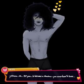 1boy alternate_version_available awkward awkward_smile black_boxers black_hair black_lipstick blush boxers boxers_(clothing) darkness date_everything emo emo_boy eyeshadow feminine_male heart heart_symbol idk_bruh idk_what_to_tag_it male male_focus male_only scratching_head shadow shy skips_my_beloved skips_shadley_(date_everything) speaking speaking_to_viewer speech_bubble twink xxxshadowl0rd420xxx_(date_everything) yellow_heart yellow_heart_(symbol)