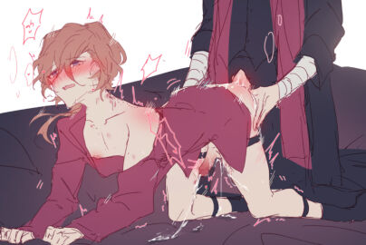 all_fours anal anal_sex bite_mark blush bungo_stray_dogs chuuya_nakahara colored crying crying_with_eyes_open cumming cumming_from_anal_sex dazai_osamu hickey_marks male male_only mostly_nude on_bed skinny socks trembling yaoi