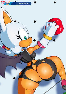 anthro ass bat big_ass big_butt bottomwear bracelet clothing crop_top eyelashes eyeshadow female fur genitals gloves handwear hi_res jewelry makeup mammal orange_body orange_skin pussy rock_climbing rouge_the_bat sega shirt shorts solo sonic_(series) sonic_the_hedgehog_(series) tail thecakeee topwear torn_clothing white_body white_fur wings