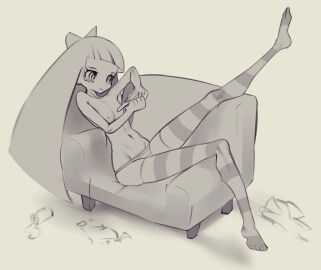 2010s 2017 beer bow breasts digital_drawing_(artwork) female filing_nails goth goth_girl jearz laying_down long_hair lounging monochrome on_couch one_leg_raised panties panty_&_stocking_with_garterbelt solo solo_female spilled_drink stocking_anarchy stockings striped_panties striped_stockings toe_outline topless topless_female