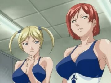 00s 2005 2girls animated bare_shoulders bible_black bible_black_only blonde_hair blue_eyes breasts collarbone female hair_ornament kobayashi_shinobu large_breasts lowres mikimoto multiple_females multiple_girls red_hair short_hair swimsuit tagme twintails walking