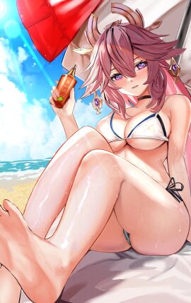 1girls 2d 2d_(artwork) alternate_costume animal_ears beach big_breasts bikini bikini_bottom bikini_top blush bra breasts clouds day female female_focus female_only fox_ears fox_girl front_view genshin_impact high_resolution highres holding_object hourglass_figure light-skinned_female light_skin long_hair looking_at_viewer mature mature_female mitsu336 ocean outdoors pink_hair purple_eyes sand sky slim_female solo solo_female solo_focus summer thong thong_bikini two_piece_swimsuit umbrella water wet wet_body yae_miko