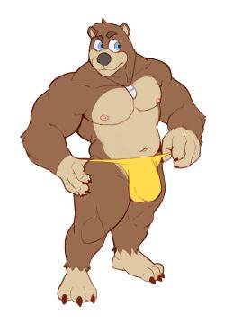 3_toes 4_fingers anthro areola banjo-kazooie banjo_(banjo-kazooie) bara bear biceps big_bulge biped black_nose blue_eyes brown_body brown_fur bulge claws clothed clothed_anthro clothed_male clothing clothing_pull deltoids detailed_bulge digital_drawing_(artwork) digital_media_(artwork) eyebrows feet finger_claws fingers flat_colors full-length_portrait fur hi_res humanoid_feet humanoid_hands jewelry jrjresq looking_aside male male_anthro mammal monotone_background muscular muscular_anthro muscular_male navel necklace nipples pecs pink_areola pink_nipples plantigrade portrait raised_eyebrow rareware simple_background solo standing tan_body thong thong_only thong_pull three-quarter_view toe_claws toes tooth_necklace topless topless_anthro topless_male tuft underwear underwear_only underwear_pull white_background yaoi yellow_clothing yellow_thong yellow_underwear