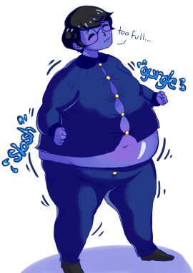 1girls ass ass_expansion belly_expansion big_ass big_belly big_breasts black_hair blue_clothing blueberry_inflation breast_expansion breast_growth breast_growth_(enlargement) breasts button_down_shirt button_gap buttons cutiepopblue dialogue ellie_(cutiepopblue) expansion female glasses inflation morbidly_obese_female navel tagme violet_beauregarde_(cosplay) willy_wonka_and_the_chocolate_factory