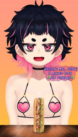 1girls bags_under_eyes bare_shoulders bikini bikini_top bikini_top_only bitch bitchy black_choker breasts choker circle_eyebrows collarbone colored_inner_hair dark_blue_hair ear_piercing earrings eddarxart fang_out fangs female food gold_earrings gradient_background grin gyaru gyaru_gal he_asked_for_no_pickles heart heart_bikini ichigo_lemonade indie_virtual_youtuber meme multicolored_hair naughty_face oerba_yun_fang open_mouth pickle piercing piercings pink_eyes pink_hair pov pov_across_table pov_eye_contact sandwich sexually_suggestive simple_background small_breasts smaller_female smug solo streaked_hair subway_(franchise) table tired tired_eyes tired_look translated two-tone_hair upper_body virtual_youtuber