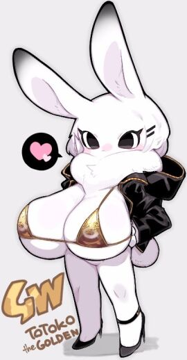 2d 2d_(artwork) 2d_artwork anthro big_breasts big_eyes bikini bikini_top bikini_top_only black_eyes black_heels black_jacket breasts bunny bunny_girl bunny_tail female furry gold_bikini golden_bikini heart_symbol heels huge_breasts jacket jacket_open kemono large_breasts lowres mato_tsuyoi micro_bikini open_sweater original tagme text totoko_(mato_tsuyoi_x_milteage) white_background white_fur white_skin white_tail