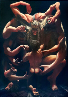 ass edgar_(elden_ring) elden_ring fromsoftware godrick godrick_the_golden godrick_the_grafted groping hand_holding hands hands_on_thighs jygglewag_(artist) kneeling male male/male multi_arm multi_limb muscular muscular_male oil_painting oil_painting_(artwork) oil_painting_(medium) older_male traditional_media_(artwork) unusual_anatomy white_hair worship