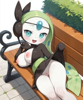 ai_generated bench black_clothing blue_eyes blush bottomless breasts clothed clothing clothing_lift day dress dress_lift female generation_5_pokemon genitals green_hair hair hi_res humanoid leaf legendary_pokemon lying_on_side meloetta mythical_pokemon nintendo nipples nude outdoor_nudity outside pink_nipples plant pokemon pokemon_(species) pussy smile solo white_body wide_hips