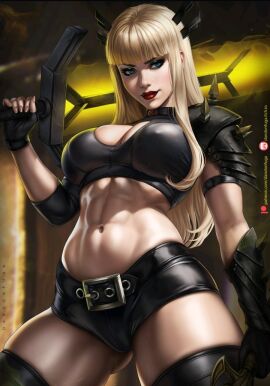 1girls 2024 abs black_clothing black_legwear black_shorts blonde_hair blue_eyes boob_window breasts clothed clothed_female dandon_fuga deviantart deviantart_link female female_only fit fit_female holding_sword light-skinned_female light_skin magik_(illyana_rasputin) marvel marvel_comics midriff minishorts patreon patreon_logo patreon_username red_lips red_lipstick russian russian_female shorts solo solo_female spikes sword weapon x-men