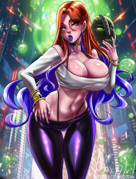 1girls bare_shoulders big_breasts blush breasts clothed clothing collar color female female_focus female_only foxyart hi_res jewelry large_breasts light-skinned_female light_skin long_hair looking_at_viewer mask original_character panties red_eyes red_hair solo solo_female tagme thick_thighs thigh_clothes