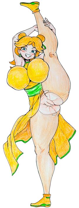 1girls armwear big_breasts bimbo bimbofication blue_eyes blush breasts brown_hair clothing cosplay erect_nipples exposed_pussy feet feet_up female female_only flexible freckles gaixas1 gloves hair hi_res hips huge_breasts large_breasts legs legs_up leotard light_body looking_at_viewer mario_(series) ninja nintendo nipple_bulge nipples presenting princess_daisy pussy skirt skirt_lift smile smiling smiling_at_viewer solo solo_female space_buns splits standing_split thick_thighs thighhighs thighs traditional_media_(artwork) uncensored wide_hips yellow_gloves