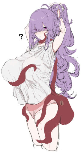 arms_behind_head arms_up clothed confused eurasia_(wtp09ptw14) female francoise_(eurasia) long_hair looking_at_viewer oc octopus original ponytail purple_eyes purple_hair question_mark tentacle tentacle_around_neck tentacle_under_clothes underwear wtp09ptw14 zoophilia