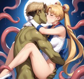 ai ai_generated blonde_hair blue_sky buns bunsen colorful colorful_background detailed detailed_background female green_skin kiss_mark kissing long_hair moon moonlight muscular muscular_male night sailor_moon tentacle tentacles_around_legs