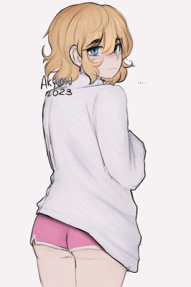 1boy 1femboy 2023 akyumu alternative_body_build ambiguous_gender ass ass_focus blonde_hair blue_eyes femboy femboy_focus femboy_only feminine_male girly gym_shorts looking_at_viewer looking_back male milo_(akyumu) open_shirt oversized_clothes oversized_shirt pink_shorts running_shorts shorts shy square_irises white_background white_shirt