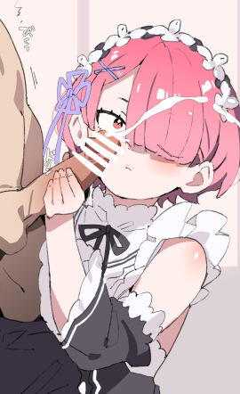 1boy 1girls 2d bangs bar_censor batsuma censored censored_penis clothed_female_nude_male cum cumshot detached_sleeves faceless_male female hair_ornament hair_over_one_eye handjob looking_at_cumshot maid maid_headdress maid_uniform male matching_hair/eyes motion_lines neckwear penis pink_eyes pink_hair ram_(re:zero) re:zero_kara_hajimeru_isekai_seikatsu roswaal_mansion_maid_uniform short_hair simple_background straight unseen_male_face x_hair_ornament
