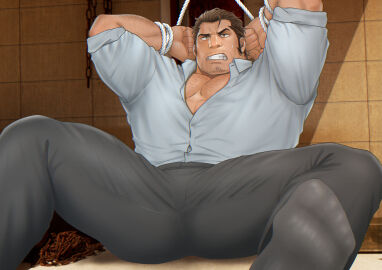 1boy abducted arm_hair arms_behind_head arms_up bara beard_stubble beefy bondage bound_wrists brown_eyes brown_hair chest_hair clothed daddy dilf frown gay gritted_teeth hi_res looking_at_viewer male male_only middle_aged mizuki_gai muscles muscular muscular_arms muscular_legs muscular_male muscular_thighs mustache_stubble original original_character pecs rope_bondage short_hair sideburns sitting small_pupils socks spread_legs struggling sweat sweatdrop thick_thighs tight_clothing tough_guy yaoi