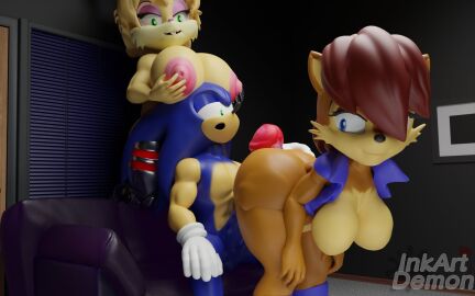 1boy 2girls 3d 3d_model 3d_render animal_ears anthro anthro_on_anthro archie_comics ass assjob bending_over big_ass big_breasts big_butt big_penis black_nose blonde_hair blue_body blue_eyes blue_fur blue_hair blue_skin boots braided_hair braided_ponytail breasts breasts_on_head brown_body brown_hair brown_skin bubble_ass bubble_butt bunnie_rabbot bunny bunny_ears bunny_girl chipmunk clothing couch couch_sex couple cybernetics erection eyelashes eyeshadow female from_behind fur furry gloves green_eyes ground_squirrel hair_over_one_eye harem hedgehog inkartistdemon large_breasts large_penis living_room looking_back makeup male mammal mobian muscular muscular_male narrowed_eyes nipples penis pink_nipples pink_nose rabbit rabbit_girl rodent rubbing rubbing_penis sally_acorn sega sex smile sonic_(series) sonic_the_hedgehog sonic_the_hedgehog_(archie) sonic_the_hedgehog_(comics) sonic_the_hedgehog_(series) tail thick_ass thick_thighs thighs threesome topless topwear two-tone_body two-tone_fur vest yellow_body yellow_fur yellow_skin