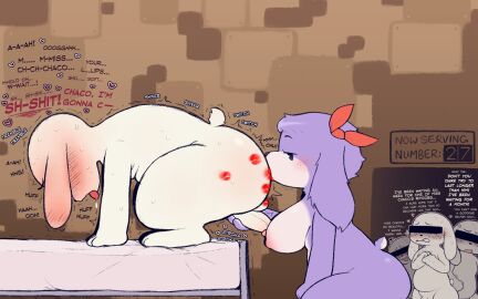 accessory anal anthro ass bed belly big_ass big_breasts big_butt blush blush_lines bodily_fluids bow_ribbon breasts cave_story censor_bar censored_eyes chaco_(cave_story) colored cross-popping_vein detailed_background dialogue digital_drawing_(artwork) digital_media_(artwork) erection eyelashes female fur furniture genitals group hair_accessory hair_ribbon hairbow handjob heart_symbol hi_res kiss_mark kissing lagomorph lips lipstick long_ears makeup male male/female mammal mimiga nipples nude open_mouth oral penile penis profanity purple_body purple_fur ribbons rimming sex shaking sweat tail text tongue waiting_in_line white_body white_fur zlut385