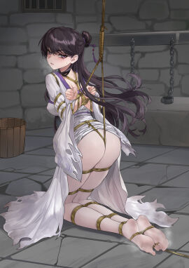 angry arms_behind_back bang_dream! bondage bound_arms bound_feet bound_legs bound_toes bound_wrists cell chuck_(harfmoondark) crotch_rope feet female indoors kneeling long_hair mygo!!!!!_(bang_dream!) predicament_bondage prison purple_eyes purple_hair restrained rope rope_bondage shibari shibari_over_clothes shiina_taki socks soles stockings stone_floor suspension sweat sweatdrop tagme thighhighs tied_arms tied_legs toes toes_tied