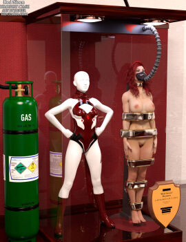 1girls 3d bound bound_arms bound_legs completely_nude female female_only full_body mannequin nude nude_female original original_character red_hair solo superheroine thejpeger trophy_case unconscious unconscious_female