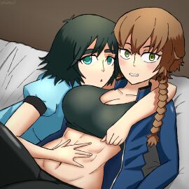 abs amane_suzuha athletic_female belly belly_rub braids dressed embarassed female green_hair shiina_mayuri steins;gate surprised v0idreef
