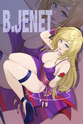 1girls arm_behind_head arm_support b._jenet big_breasts blonde_hair blue_eyes breasts busty cleavage dress fatal_fury fatal_fury:_city_of_the_wolves feet female fingerless_gloves garou:_mark_of_the_wolves gloves high_heels highres king_of_fighters large_breasts legs long_hair looking_at_viewer pose posing red_lips sensual sitting snk solo thick_thighs thighs