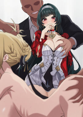2girls 3boys astra_yao black_hair black_suit blonde_hair blush braid braided_bun breasts collarbone collared_shirt commentary cropped_jacket cuckquean dress evelyn_chevalier faceless faceless_male female grabbing_another's_ass grabbing_another's_breast grabbing_another's_hair grabbing_from_behind grin groping group_sex hair_bun hairband highres holding_another's_hair implied_fellatio implied_sex jacket large_breasts male mmf_threesome multiple_boys multiple_females multiple_girls multiple_males nude outside_border red_eyes red_jacket senapops shirt simple_background smile suit threesome white_background white_dress white_hairband zenless_zone_zero