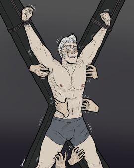 bondage critical_role critical_role:_vox_machina crying crying_with_eyes_open dungeons_and_dragons glasses hands ijwt_art male male_only male_tickling percival_fredrickstein_von_musel_klossowski_de_rolo_iii restrained rope shaking_lines sweat tickle_fetish tickle_torture tickling tickling_armpits tickling_sides tickling_thighs underwear_only white_hair