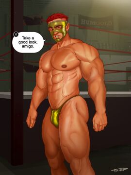 1boy abs artist_name bara bulge el_dorado_(humplex) english_dialogue gay humplex male male_focus male_only muscular muscular_arms muscular_chest muscular_legs muscular_male muscular_thighs nipples pecs pointy_ears solo solo_male text thong tulmap yaoi