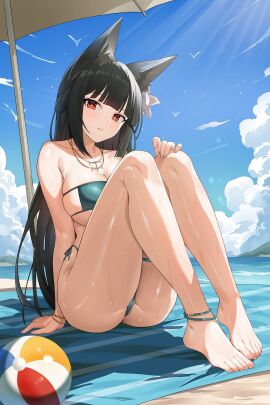 animal_ears barefoot beach beach_ball bikini black_hair blush breasts collarbone day dysoor female flower full_body green_bikini hair_flower hair_ornament highres hoshimi_miyabi jewelry large_breasts long_hair necklace outdoors parasol parted_lips red_eyes side-tie_bikini_bottom sitting smile solo swimsuit thighs toes umbrella zenless_zone_zero
