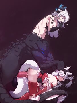 1futa 1girls absurdres animal_ears black_scales blue_eyes centaur centauress cum cum_overflow dragon_girl dragon_horns dragon_tail female fox_ears fox_girl fox_tail futa_on_female futa_with_female futanari grin highres horns intersex large_penis long_hair multiple_females multiple_girls original penis pointy_ears smile tail taur todding top-down_bottom-up uncensored white_hair