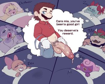 2boys 5girls ??? androgynous areolae big_breasts big_penis blanket boo_(mario) bowser breasts clothed clothing dialogue dream dreaming english english_text erection erection_under_blanket fantasizing female female_masturbation huge_cock human humor italian lady_bow large_breasts large_penis light-skinned_male light_skin madame_flurrie male male_focus mario mario_(series) masturbation mostly_clothed navel nipples omega_haunter omegahaunter paper_mario paper_mario:_the_thousand-year_door penis precum princess_peach pubic_hair sleep sleeping standing super_mario_bros. tenting text thick_italian_sausage vivian_(paper_mario) wendy_o._koopa wet_dream