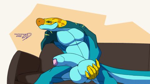 2025 animated anthro balls balls_fondling becoming_erect becoming_flaccid big_balls big_penis blue_body colored finished_commission flaccid fondling furniture genitals hi_res huge_balls humanoid_genitalia humanoid_penis lizard looking_at_viewer loop male male_only monroe_lehner novaconis on_sofa penis reptile scalie shaded simple_background sofa solo yellow_neck