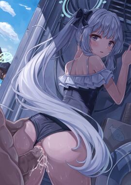 1boy absurdres against_wall ass blue_archive blue_halo blue_one-piece_swimsuit casual_one-piece_swimsuit censored clothed_sex cum cum_in_pussy female frilled_one-piece_swimsuit frills from_behind hair_ribbon halo hand_on_wall highres long_hair looking_back male miyako_(blue_archive) miyako_(swimsuit)_(blue_archive) off-shoulder_one-piece_swimsuit off_shoulder official_alternate_costume one-piece_swimsuit osom9525 outdoors penis ponytail pussy ribbon saki_(blue_archive) saki_(swimsuit)_(blue_archive) sex sex_from_behind standing standing_sex stealth_sex straight sweat swimsuit vaginal_penetration white_hair white_innertube