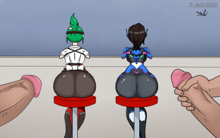 2boys 2d 2girls asian asian_female ass ass_focus big_ass big_butt blizzard_entertainment brown_hair bubble_ass bubble_butt cock color colored d.va d.va_(overwatch_2_suit) dark-skinned_male dark_skin digital_art drawing erection female green_hair hana_song hd hi_res japanese_female jeoh2020 kiriko_(overwatch) kiriko_kamori korean_female male masturbation no_nude overwatch overwatch_2 penis pillow_shading signature stool voluptuous voluptuous_female watermark