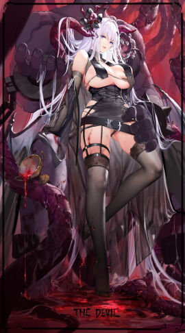 1boy absurdres bare_shoulders black_dress black_gloves black_panties black_thighhighs blood_on_body blue_eyes breasts chalice collar cuffs cup dress elbow_gloves female full_body garter_straps gloves hand_on_own_chest highres long_hair looking_at_viewer male metal_collar open_mouth original panties shackles short_dress standing swd3e2 tentacle thighhighs torn_clothes torn_dress underwear very_long_hair white_hair