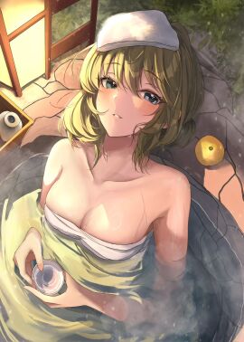 1girls absurd_res absurdres adult armpits bare_armpits bare_arms bare_chest bare_hands bare_shoulders bare_skin bath bathing blue-eyed_female blue_eyes blush blushing_female breasts cleavage collarbone cup dot_nose elbows female female_focus female_only fingernails fingers green-haired_female green_hair hair_between_eyes hair_bun half_naked head_tilt high_resolution highres idolmaster idolmaster_cinderella_girls lamp light-skinned_female light_skin lips looking_at_viewer medium_breasts medium_hair mole mole_under_eye naked naked_female nude nude_female nyome991 orange parted_lips partially_submerged partially_submerged_legs plant sake sake_bottle sake_cup shoulders sitting slender_body slender_waist slim_female slim_waist smile smiling smiling_at_viewer solo submerged_feet submerged_legs takagaki_kaede thin_waist tilted_head towel towel_around_waist towel_on_head towel_only upper_body water wet wet_body wet_breasts wet_face wet_hair wet_skin white_towel