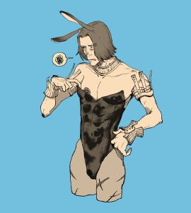 1boy 2d adjusting_clothes annoyed armor blue_background blush bulge bunny_boy bunny_ears bunnysuit crossdressing dark_souls embarrassed fishnets fromsoftware kemutai knight_lautrec_of_carim male male_only male_playboy_bunny masculine masculine_crossdresser money money_under_clothes playboy_bunny scars solo