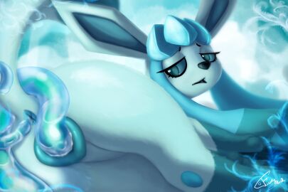 animal_genitalia animal_pussy anus ass blue_body bodily_fluids canid canine canine_genitalia canine_pussy digital_drawing_(artwork) digital_media_(artwork) eeveelution fawe female feral fur generation_4_pokemon genitals glaceon hi_res mammal nintendo nude penetration pokemon pokemon_(species) pussy sex shaded signature simple_background solo tail tentacle tentacle_penetration tentacle_sex vaginal_penetration