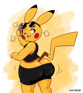 2d 2d_(artwork) anthro ass ass_cleavage ass_crack big_booty_pikachu bubble_ass bubble_butt butt_crack furry gay gym_shorts gym_uniform joaoppereiraus looking_at_viewer male pikachu pokemon pokemon_(species) sweat teasing