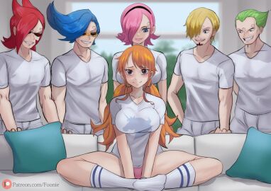 2girls 4boys big_penis bisexual bisexual_female blonde-haired_male blonde_female blowjob blue-haired_male blue_eyes boxers breasts couch female foonie_xd green-haired_male green_hair imminent_gangbang imminent_sex implied_yuri large_breasts lipstick male meme nami_(one_piece) no_pants one_piece orange-haired_female orange_hair panties penis pink-haired_female pink_hair piper_perri_surrounded post-timeskip red-haired_male red_hair sunglasses thick_thighs thighs vinsmoke_ichiji vinsmoke_niji vinsmoke_reiju vinsmoke_sanji vinsmoke_yonji wings