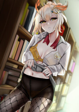 ahoge antenna_hair bangs blonde_hair blush book bookshelf bra breasts cleavage female fishnet_legwear fishnets hair_ornament indoors library long_sleeves looking_at_viewer medium_breasts navel open_clothes open_shirt panties panties_under_pantyhose pantyhose parted_lips pupi rain_prophet red_neckwear sanagi_yuzu shirt short_hair skirt solo standing thighband_pantyhose underwear virtual_youtuber white_hair yellow_eyes