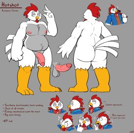 2025 3_toes 4_fingers absurd_res anthro ass avian avian_caruncle avian_feet balls balls_tuft beak belly belly_tuft big_ass big_belly big_butt big_penis bird black_eyes blue_clothing blue_jacket blue_topwear blush brown_clothing brown_shirt brown_tank_top brown_topwear chest_tuft chicken clothed clothing comb_(anatomy) denim denim_clothing denim_jacket denim_topwear english_text erection feathers feet felino fingers flaccid front_view galliform gallus_(genus) genitals glans grey_balls grey_body grey_feathers hair half-closed_eyes hand_on_hip head_crest heart_symbol hi_res hotshot_(tricktrashing) humanoid_genitalia humanoid_penis jacket kerchief male male_only model_sheet multiple_poses narrowed_eyes nipples nude open_clothing open_jacket open_topwear overweight overweight_anthro overweight_male penis phasianid pink_glans pink_nipples pink_penis pose raised_hand rear_view red_hair red_kerchief shirt sparkles tail tail_feathers tank_top text thick_thighs toes topwear tuft white_body white_feathers white_kerchief yellow_beak