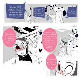 2024 3boys artist_request blushing demon demon_boy demon_humanoid english_text gay glasses hazbin_hotel humanoid male moth moth_humanoid sharp_claws sharp_teeth tv_head valentino_(hazbin_hotel) vox's_assistant_(hazbin_hotel) vox_(hazbin_hotel)